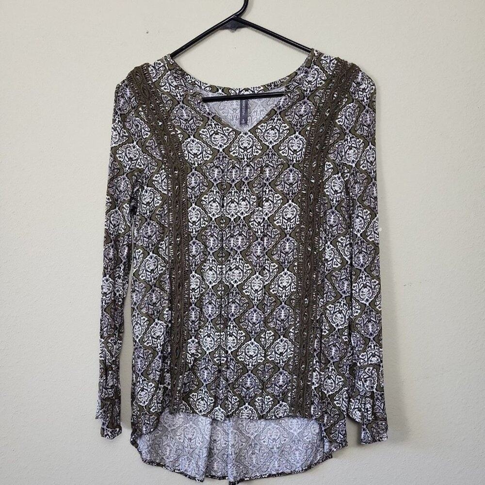 Massini Womens S Long Sleeve Shirt Boroque Paisley Print Green Cottagecore Lace